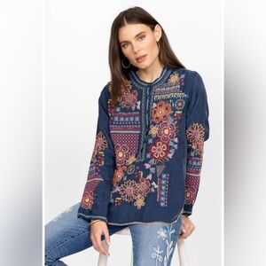 Johnny Was Kate Blouse Size Small Embroidered Top Long Sleeve Navy Floral